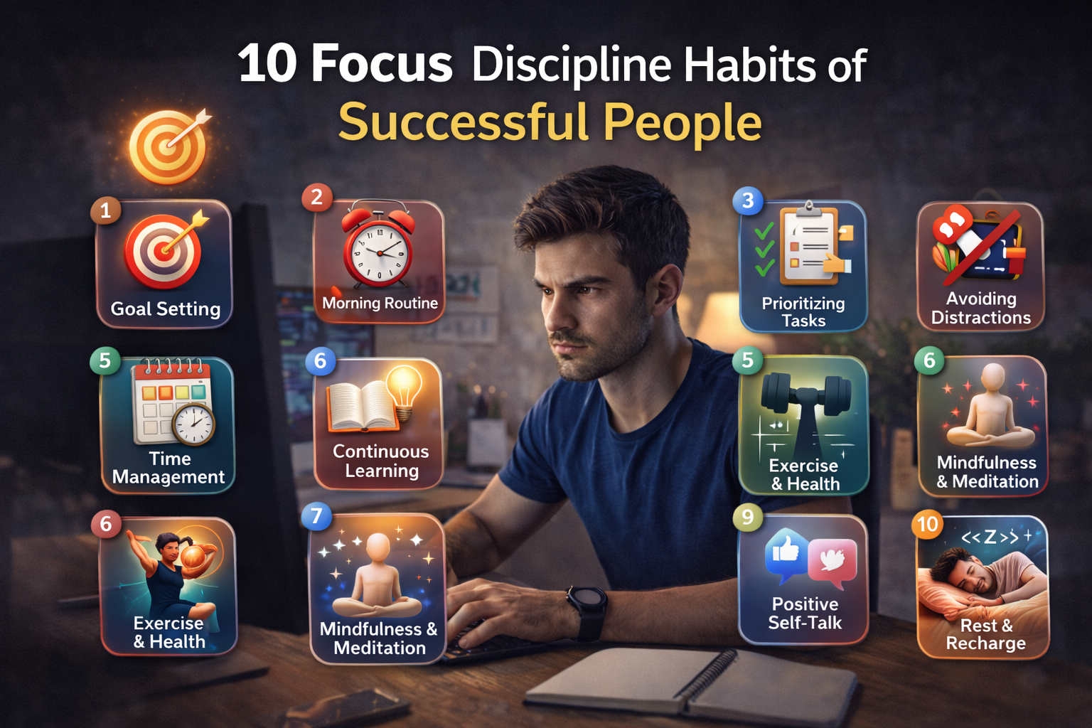 10 Focus Discipline Habits of Successful People infographic showing goal setting, time management, mindfulness and productivity habits