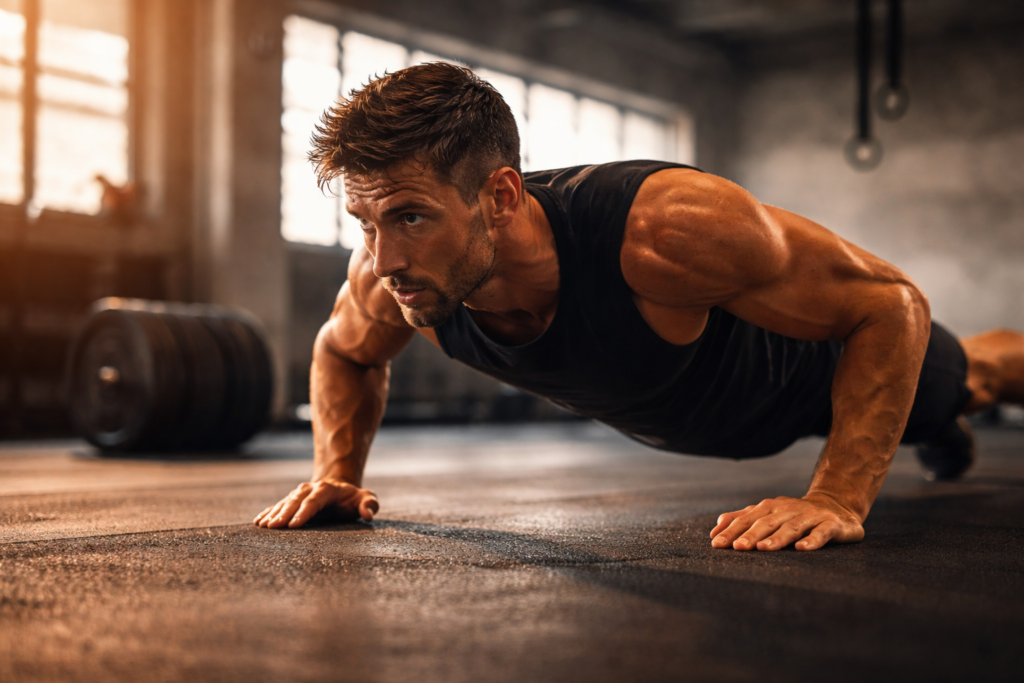 Man doing push-ups in gym during 30 day discipline challenge workout session