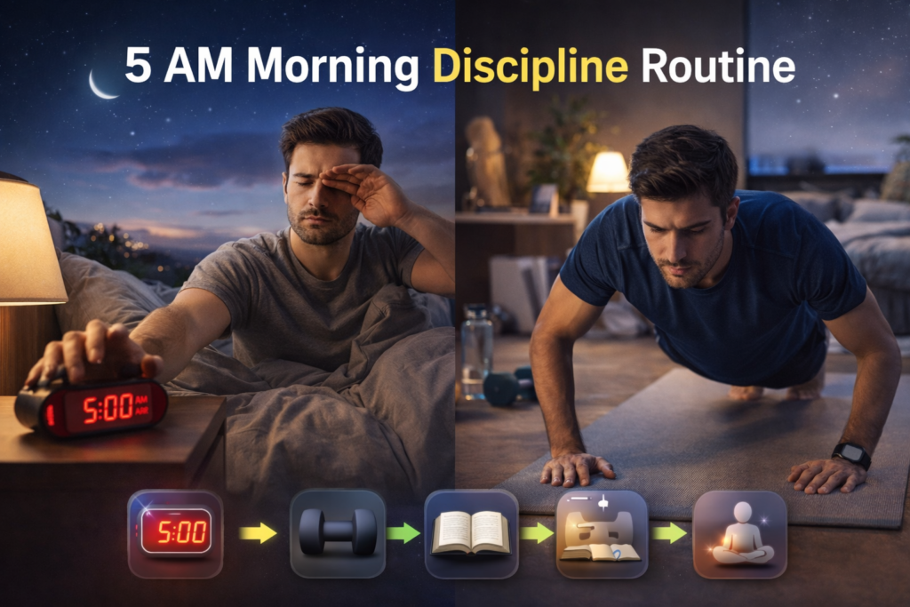5 AM Morning Discipline Routine showing early wake up and home workout for focus and productivity