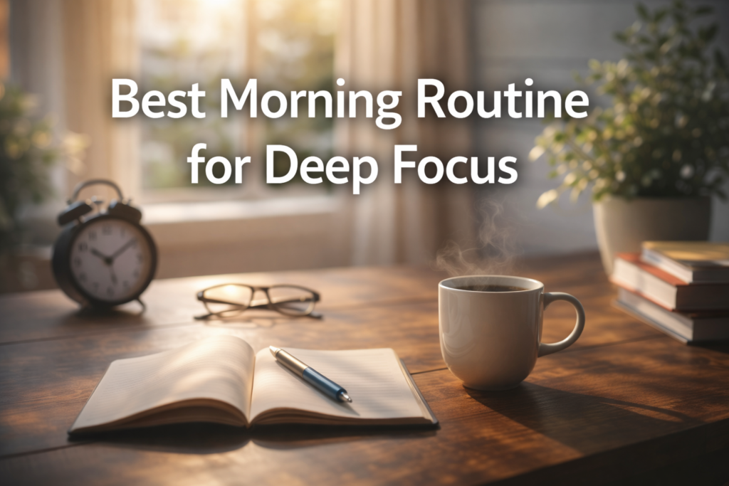 Best morning routine for deep focus workspace with journal, coffee and sunrise light