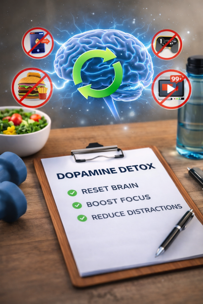 Dopamine Detox Explained concept showing brain reset and reduced digital distractions