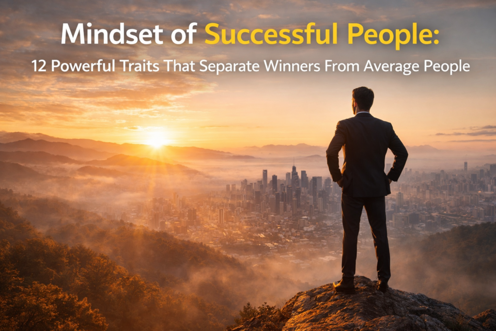 Mindset of successful people represented by a confident man standing on a mountain at sunrise