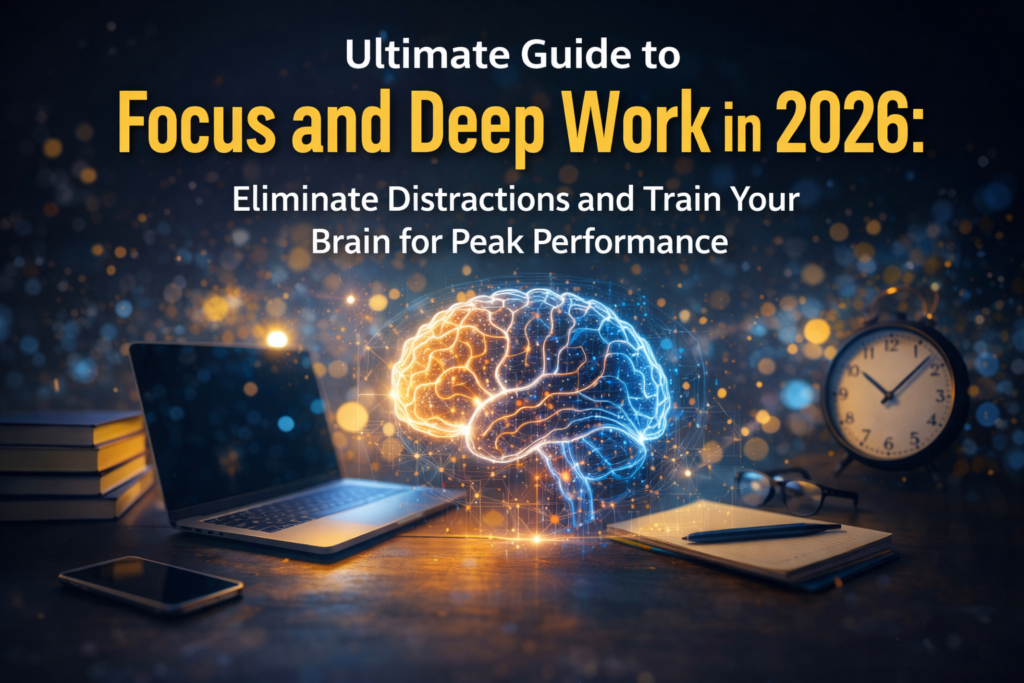 Ultimate Guide to Focus and Deep Work in 2026 showing glowing brain, laptop and productivity setup