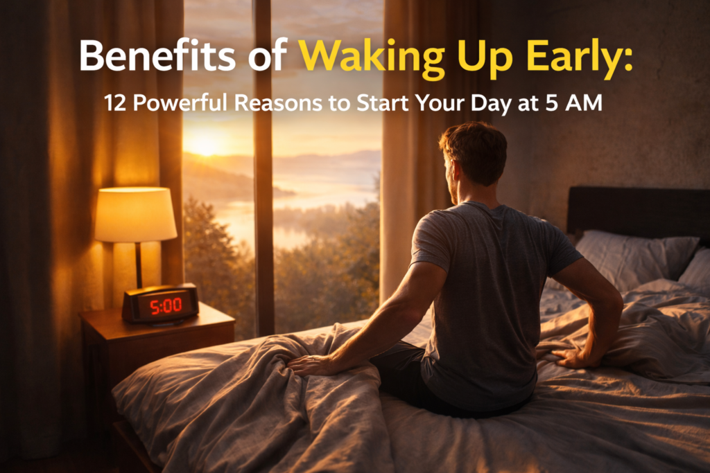 Benefits of waking up early illustrated by focused morning work session at 5 AM