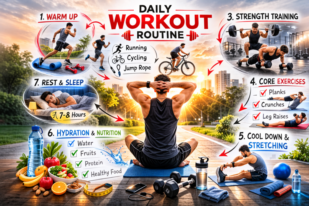 Daily Workout Routine for Beginners infographic showing warm up, cardio, strength training, core exercises and cool down