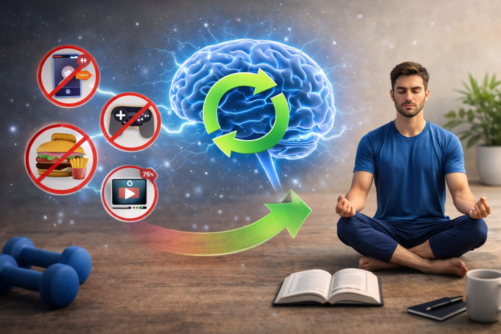 Dopamine Detox Explained showing reduction of digital distractions and improved focus