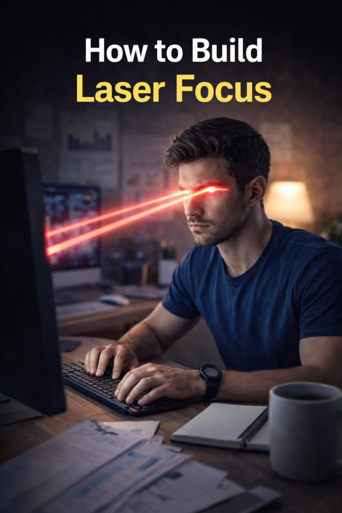 How to Build Laser Focus concept showing intense concentration while working on a computer