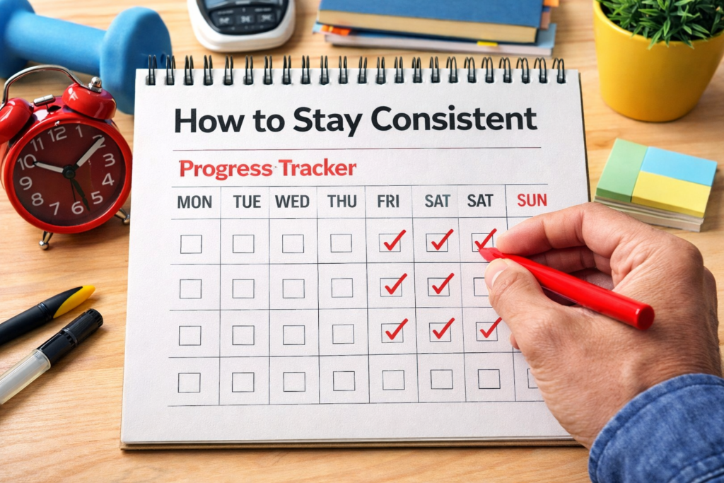 How to Stay Consistent concept showing daily discipline and habit tracking
