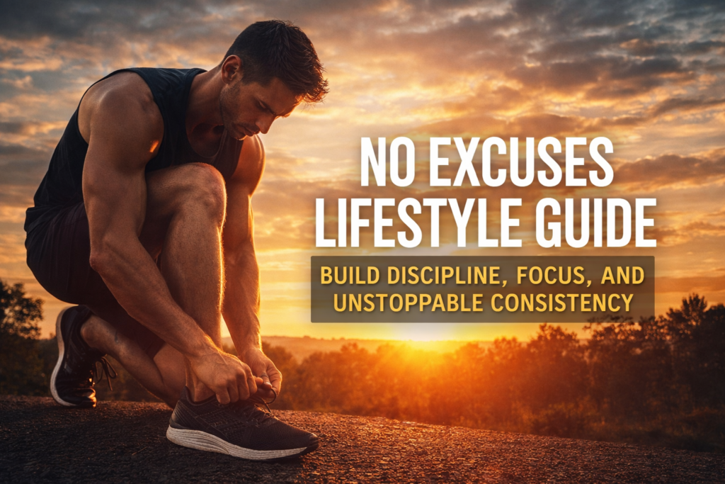 No excuses lifestyle guide showing disciplined morning workout at sunrise