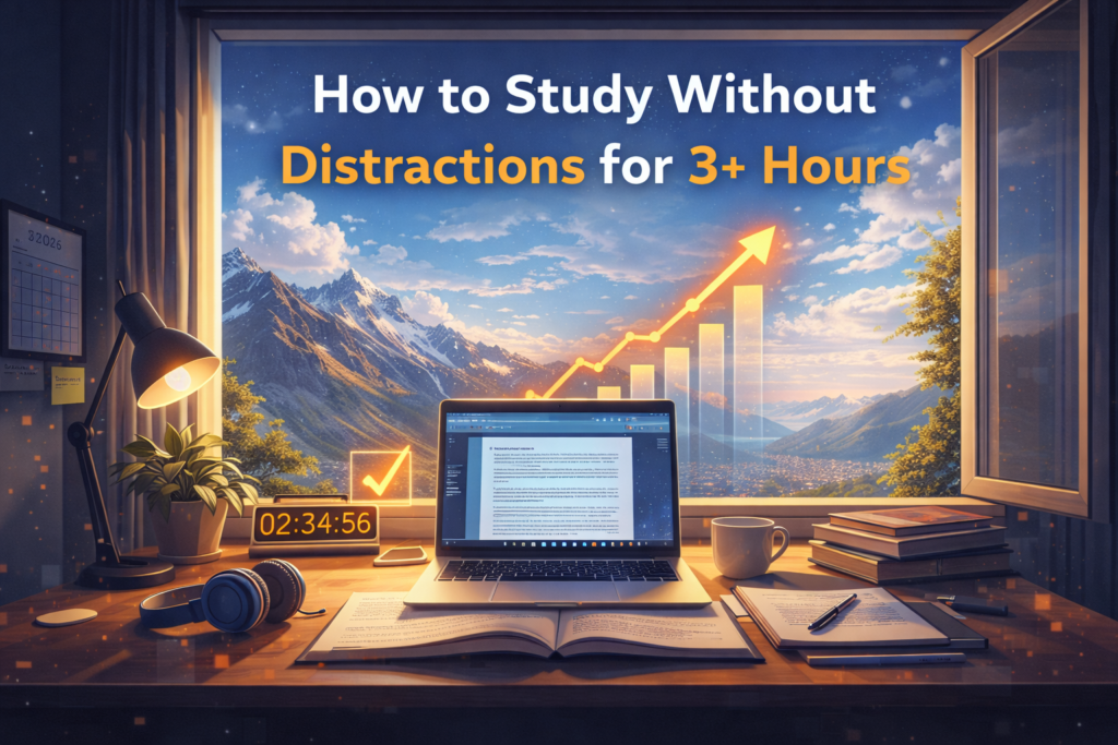 How to Study Without Distractions for 3+ Hours – distraction free study desk setup with timer and focused workspace