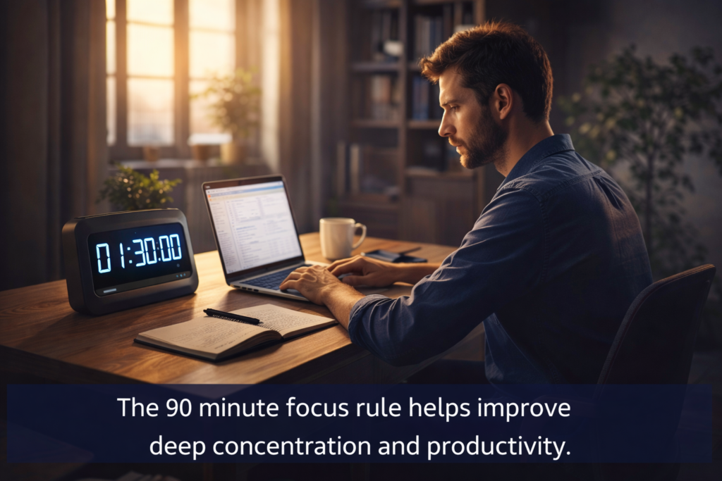 90 minute focus rule deep work productivity concept