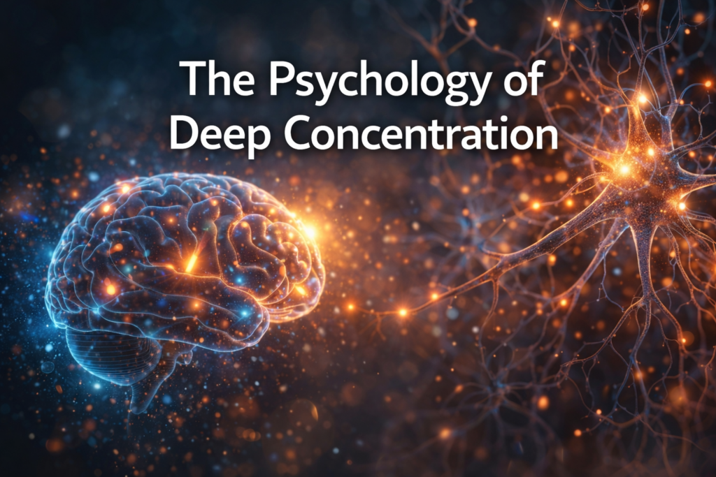 psychology of deep concentration concept showing focused brain and distraction-free workspace